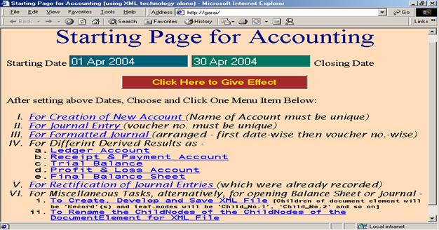 Starting Page for XML Accounting