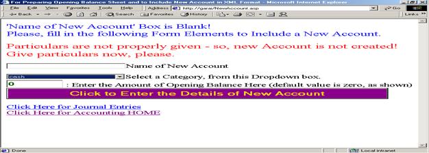 New Account Opening Page for XML Accounting