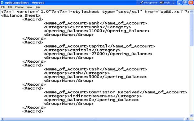 Opening Balance Sheet in XML Format